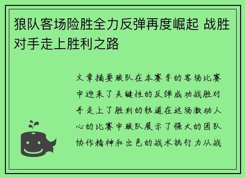 狼队客场险胜全力反弹再度崛起 战胜对手走上胜利之路